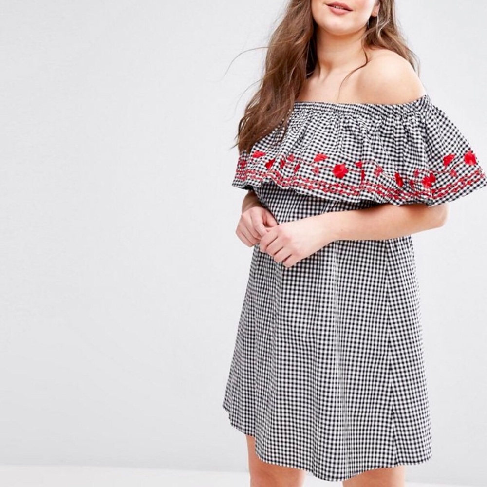 ASOS Gingham Bardot Off-The-Shoulder Dress sz 18